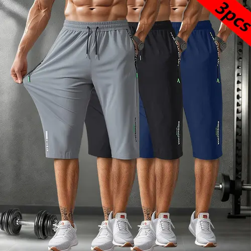 Men’s lightweight ice silk 3/4 pants with zippered pockets and a drawstring waist; breathable, quick-drying casual trousers suitable for sports and running; comfortable for outdoor activities, home leisure, and fitness training; also great as a gift.