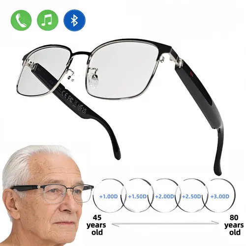 VUB Music Reading Glasses are Bluetooth audio smart reading glasses equipped with blue light blocking lenses and a metal frame.