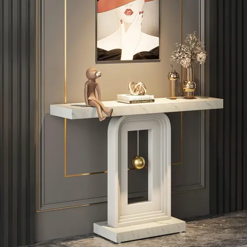 LITTLE TREE Modern Console Table with Geometric Base, 40 inch Narrow Sofa Entryway Table with Gold Decor