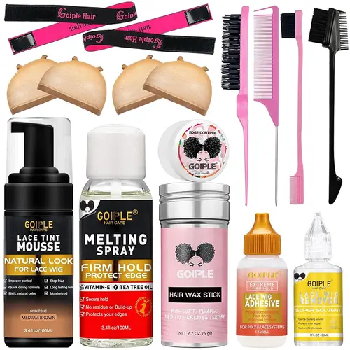 Lace Tint Lace Melting Hair Mousse for Women's Wigs and Hairpieces,wig installation kit - Natural Finishing Tint Spray Tool Set (Medium Brown)