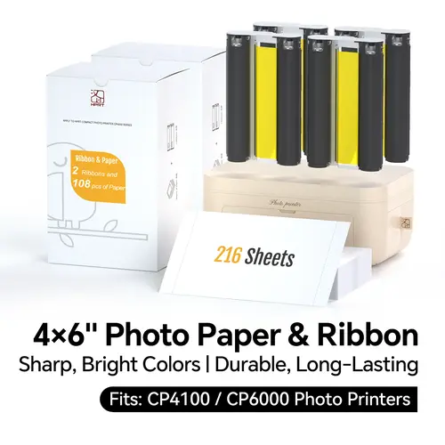 HPRT 4x6" Photo Paper & Ribbon Bundle (216 Sheets, 4 Ribbons) for Photo Printers, Compatible with CP4100-CP6000, Includes Protective Film for Long-Lasting Protection & Sustained Savings (Printer Not Included), Photo Printer, Anti-Fingerprint