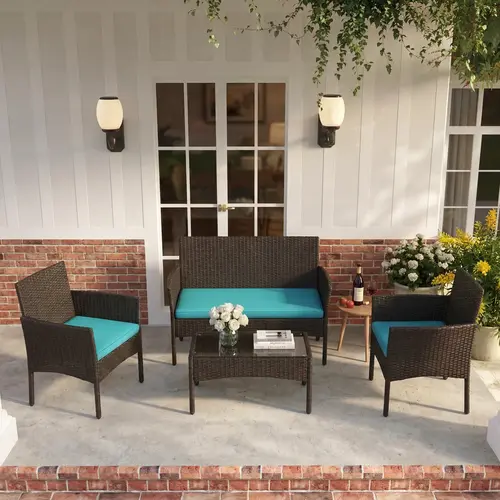 【Value Pick】Costoffs 3/4-Piece Outdoor Reception Set with 1/2-Seat Sofa 2 Single-Seat Sofas & Coffee Table Patio Rattan Furniture Tempered Glass Top Cozy Garden Seating,summerwins,outdoorfurnitureset