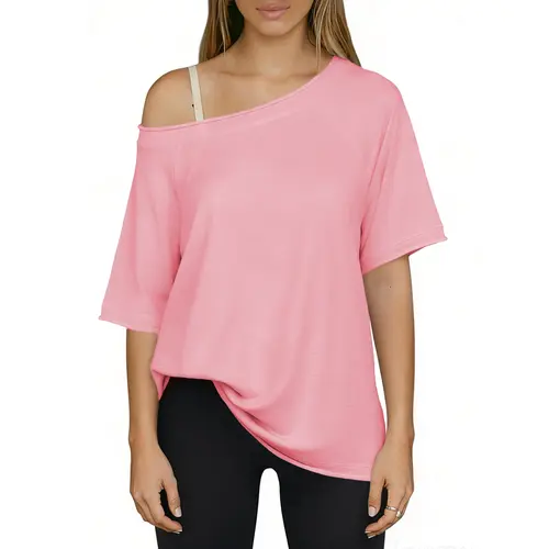 Fisoew Women's Off-Shoulder Boat Neck Crop Top - 2026 Loose Fit Athleisure Clothes, Soft Breathable Lightweight Gym Daily Wear, Fitness Athletic Streetwear, Daily Wear Sportswear (Suitable for Home, Travel)