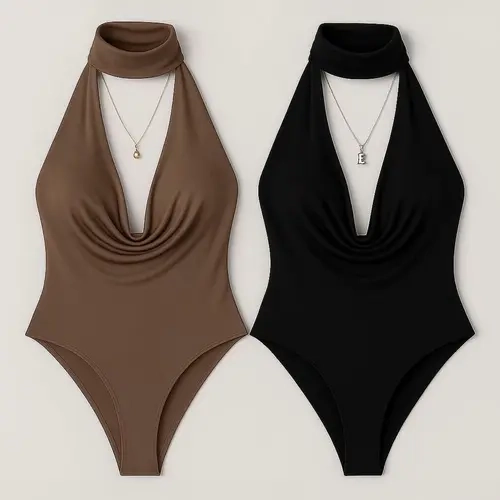 Women's Summer Fashion Backless Bodysuit Set, Sexy Halter Neck Sleeveless Bodysuits, Elegant Slim-Fitting 2-Piece Bodysuits