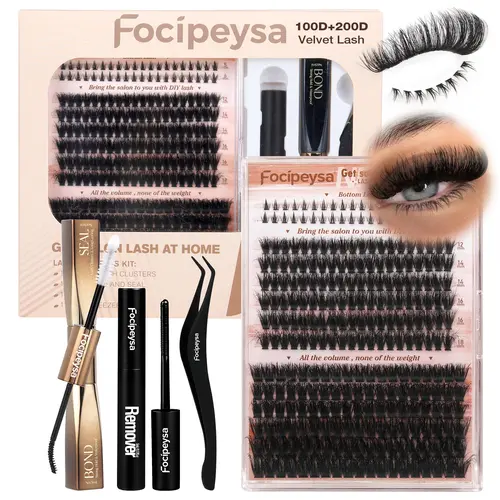 Focipeysa Velvet Cosmetic Lash Clusters Kit | 100D+200D Eyelash Enhancing False Eyelashes | Volume Clusters with Bottom Lashes | 12-18mm D-Curl, Waterproof, Ultra-Dense | Long-Lasting for DIY Home Use