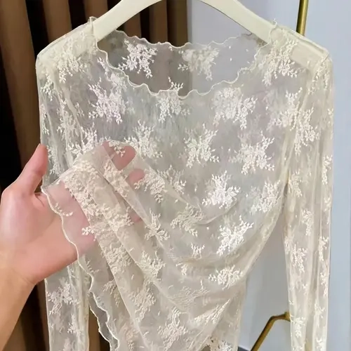 Women's Elegant Chic Fitted Lace Top Blouse, Blouse Tops, Lightweight Transparent Long Sleeve Inner Layer, All-Over Printed Mesh Shirt, New Arrival, Womenswear