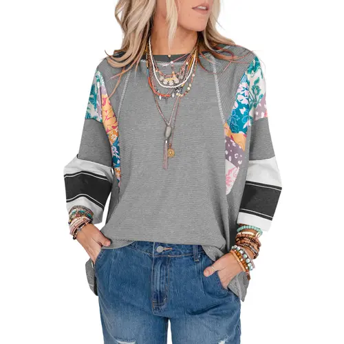 EVALESS Women's Oversized Graphic Print Knit Fabric Crew Neck Top, 3/4 Batwing Sleeve Striped Patchwork T-Shirt, 2026 Casual Summer Outfit (Oversized Tshirt Women Style)