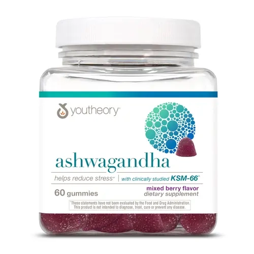 Youtheory Ashwagandha Cane Sugar Berry Gummies - Ginger Root Extract-Enhanced Adult Natural Non-Stim Edible Stress Relief Herbal Supplement, Edible Supplement