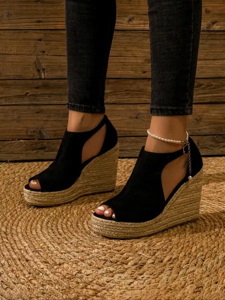 Women's Fashionable Espadrille Peep Toe Wedge Sandals, Casual Hollow Out Design Buckle Decor Shoes for Beach, Parties and Vacations, Fashion Shoes for Daily Wear, Buckle Wedges