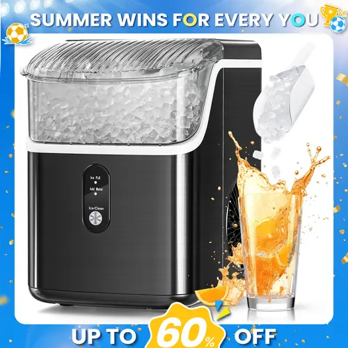 Antarctic Star Stainless Steel Black Countertop Nugget Ice Maker - Kitchen Appliances for Residential Home Users, Plastic Components, Soft Chewable Pellet, 34Lbs/Day, Self-Cleaning, 1-Button Operation, Ice Full Auto Stop, Portable for Kitchen/Office