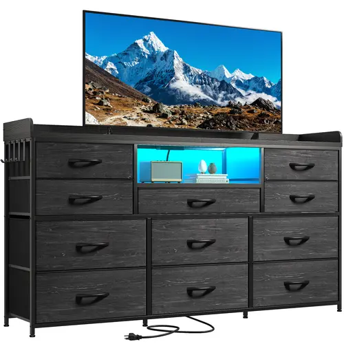 Raybee 11-Drawer Wood Bedroom Chest Organizer - Modern Storage Drawer, Space Saving Cabinet, Sliding Door, LED Lights, Power Outlets, Shelves, 4 Hooks, Sturdy (Over 25kg) Dresser for Bedroom, Apartment Furniture