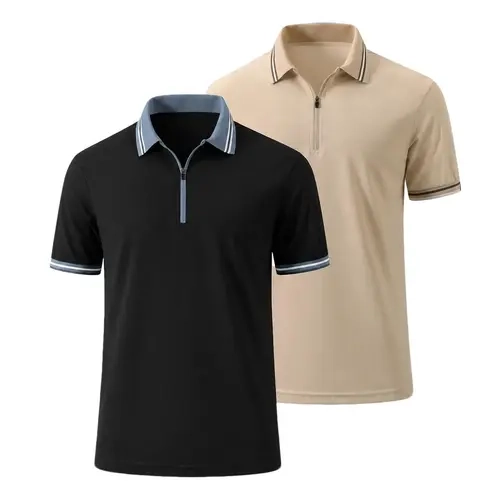 2 Pack Men's Half Zip Polo Shirt Quick Dry Stretch Golf Tennis Casual Polo Beige Plain