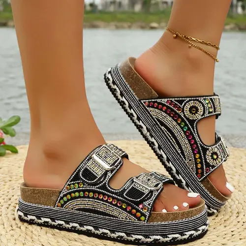 Women's Cork Footbed Slide Sandals Faux Buckle Comfortable Arch Support Flat Beach Pool Slides for Women Outdoor Walking Spring Summer Casual Footwear,summerwins,summeroutfits,vacationoutfits,beachoutfits