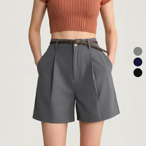 Elengatine Women's High-Waisted Minimalist Pleated Wide-Leg Above-the-Knee Shorts - Soft Stretchy Elastane, Tummy-Flattering, Lightweight Bottoms with Button Closure for Work, Business Casual Wear (Cold Wash Safe)