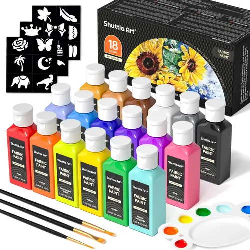 Shuttle Art Soft Fabric Textile Paint Set - 18/30 Classic/Metallic Water-Based Non-Toxic Colors (60/250ml Bottles) with Brushes, Palette, Stencils, Blend & Cover Fast, Durable Soft Painting for Cotton, Synth (Toys & Hobbies DIY Painting Supplies)