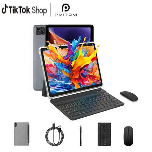 [Stock Up] PRITOM 10.1-inch Tablet Set - 16(4+12)GB Memory, 128GB ROM, Dual 2MP Camera, Dual-Band WiFi, Android 14, 2.4G/5G WiFi, Bluetooth, Keyboard, Mouse, Stylus, Type-C Charging, Back-to-School Gift Device
