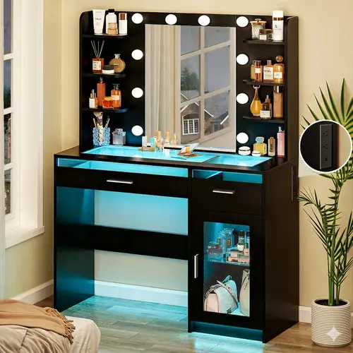 Vanity Desk, Makeup Vanity Desk with Mirror and Lights, Transparent Top with 3 RGB Drawers, 6 Shelves, 2 Large Tempered Cabinets, Power Outlet, for Bedroom, Black