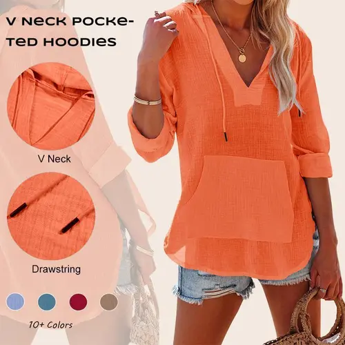 Imily Bela Women's Beach Cover Up hoodies sweatshirt Long Sleeve V Neck Pocketed Hooded Shirt Top