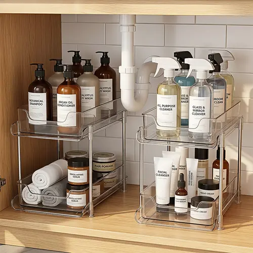 Cesun 2-Pack 2-Tier Stackable Under Sink Organizer Set with Movable Dividers, Silicone Slide Pull-Out Storage for Bathroom Drawer & Kitchen Pantry, White Bathroom Organizing Accessories,camping accessories
