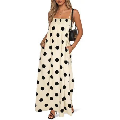 Wenrine Women's Woven Sleeveless Spaghetti Strap Smocked Polka Dot Maxi Casual Dress - Breathable, Comfortable, Elastic Fabric, Pockets, Cool for Evening, Party Outings (Long Dresses for Women)