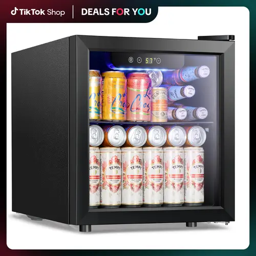 COWSAR Compact 1.3cu.ft. Mini Fridge Cooler - Black Glass Door Beverage Refrigerator with Shelf, Blue Soft LED Interior Lighting, Advanced Cooling System, Stable Design, US Plug, 48-Can Capacity, Ideal for Bar, Office - Space-Saving Household Appliance
