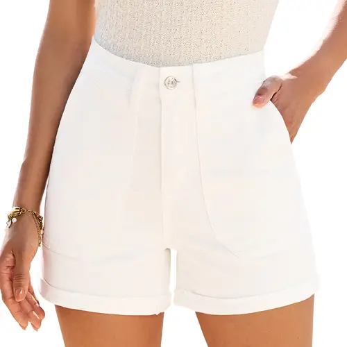 luvamia Women's High-Waisted Stretch Denim Shorts, 4 in Inseam Fold Hem, Cotton Blend, High Rise Tucks in Tops Neatly, Standard Sizes, Stretch Denim Bends for Easy Movement, Summer Casual Jorts