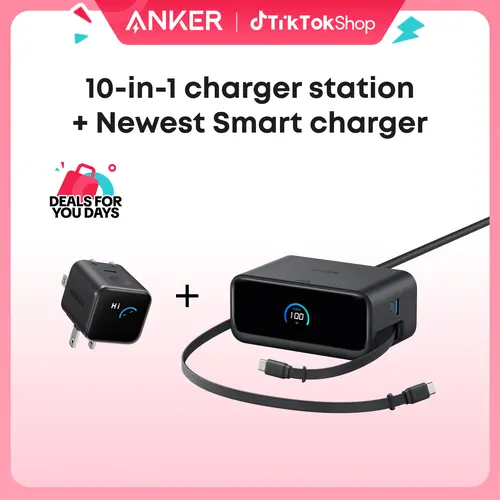 Anker Nano Charging Station( 2.3 ft Anker InstaCord Retractable Cable, 3 USB-C, 1 USB-A, 3 AC) + Anker Smart Display Charger ( Built-In Care Mode, Compact with 180° Foldable Plug)
