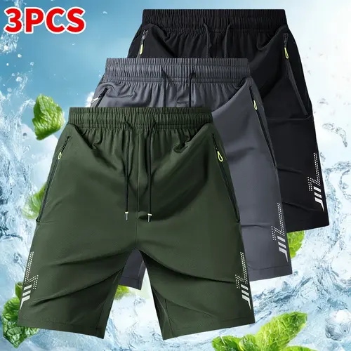 Men's Unisex Fashion Athletic Shorts (Pack of 3) - Reflective Geometric Prints, Drawstring Waistband, Side Zipper Closures, Ideal for Summer Wear, Everyday Exercise, Running, Reflective Prints,summerwins,father'sdaygifts