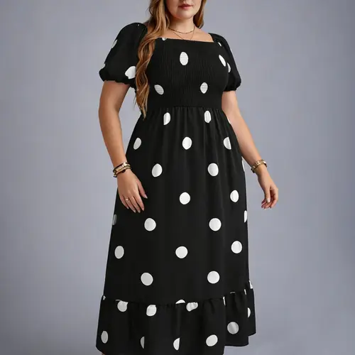 Plus Size Women's French Style All-Over Ditsy Floral Print Puff Sleeve A-Line Maxi Dress, Square Neck Shirred Dress for Summer, Casual Chic Dress