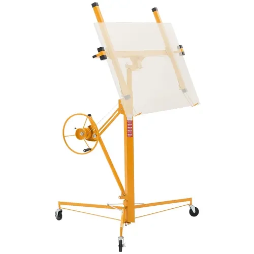 VEVOR 11ft Metal Drywall Lift - 150 lbs (68 kg) Heavy-Duty Sheetrock Hoist with 11ft Reach Arm, 3-Leg Stable Base, Adjustable Telescoping Arm, Lockable Wheels, 60° Tilting, Winch Saves Effort, Easy Assembly for Commercial & DIY Ceiling/Wall Jobs (Yellow)