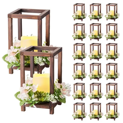 VEVOR 20-Set Brown Wooden Wedding Centerpieces, 60-Pc Led Lighted Kit with Candle Holders, Flameless Candles, Champagne Flower Wreaths, Dining Table Centerpiece, Thanksgiving Farmhouse Home Decor Ornament
