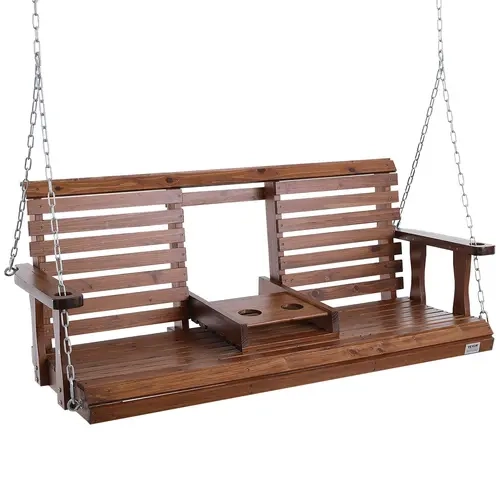 VEVOR 5ft Wood Patio Swing, Classic Retro 2-3 People Seat, Galvanized Steel Heavy-Duty Build, Adjustable Hanging Chains, 880 lbs Load Capacity, Pre-Drilled Holes, 3-Layer PU Shield, Folding Cup Holder, 67x28x23.6'', Brown for Courtyard