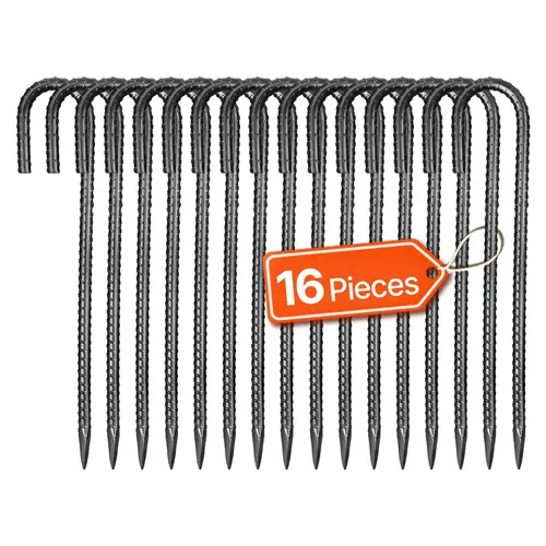 VEVOR J-Hook Rebar Stakes 16-Pack, 12-in HRB400E Steel Ground Anchors (0.4-in Pull-Resist Diameter) with Chisel Point End, Rust-Resist Black Electrophoretic Coating, Durable Camping Tent Accessories for Fence, Soccer Goals