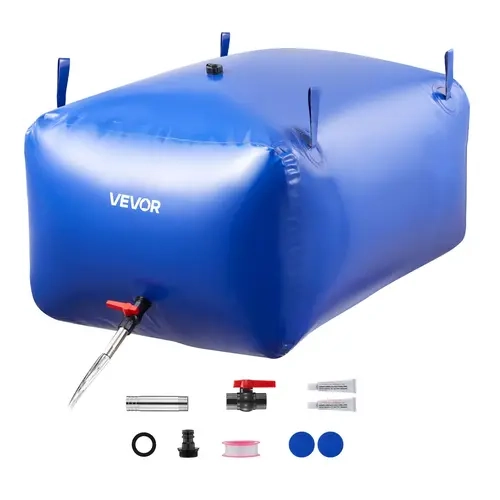 VEVOR 400L/105.7 Gal Emergency Water Storage Bladder, 46.1 × 30.7 × 20.5 In 1000D Double Layer Leakproof Tear-Resistant PVC Container, Straps, Garden Hose Kit, Easy-to-Use Foldable Portable Tank for Camping, RV Use