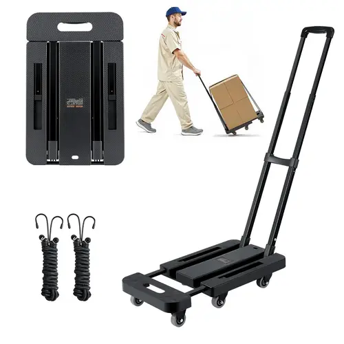【DealsForYouDays】VEVOR Folding Hand Truck, 500 lbs Load Capacity, Collapsible Luggage Cart with 6 Wheels, 2 Elastic Ropes & Expandable Base, Utility Dolly Platform Cart for Airport Travel Luggage Office Moving, Black