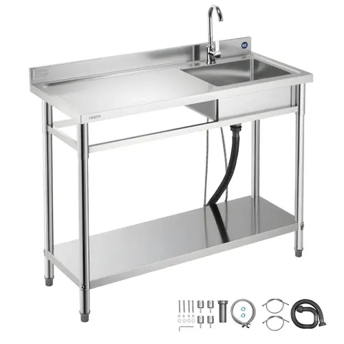 VEVOR NSF-Certified SUS201 Stainless Steel Free-Standing Single Bowl Commercial Kitchen Sink with 360° Hot & Cold Faucet, 47x19.7x37in Brushed Finish Adjustable Left Basin Workbench, Anti-Rust, Wash-Store, for Patio Buffet Kitchen Users