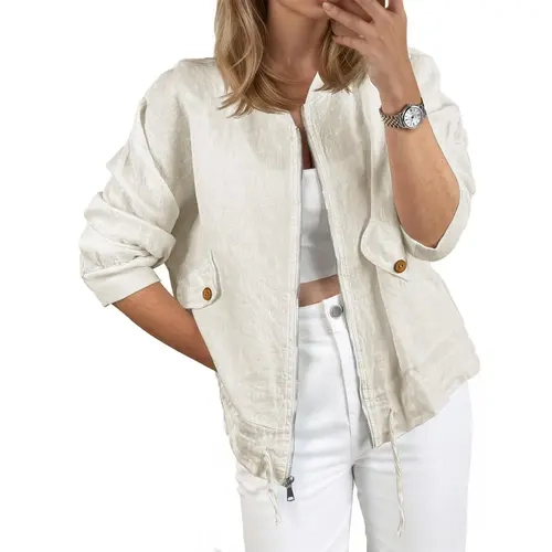 Tankaneo Womens Lightweight Bomber Jackets Casual Zip Up Drawstring Cotton Linen Jacket With Pockets