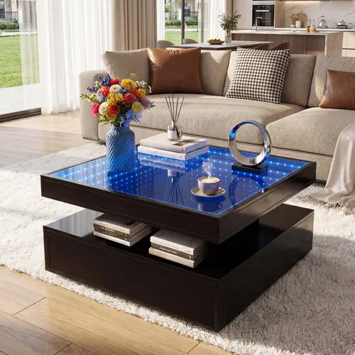 LED Square Coffee Table with Storage, 31.5" Modern Glass Top Coffee Table for Living Room, RGB Light Center Table, Black Engineered Wood Low Coffee Table for Home & Apartment