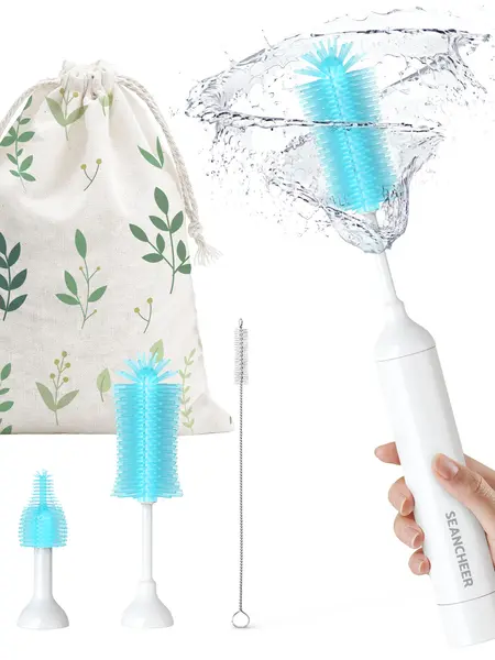 SEANCHEER S02 Electric Bottle Brush Set, Portable Baby Bottle Brush Cleaner, AA Battery-Powered & IPX7 Waterproof, with Silicone Bottle/Nipple/Straw Brush, for Home & Travel