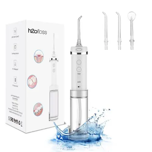 h2ofloss Cordless Water Flosser HF-10 - 5 Nozzles, 300ML Rechargeable Oral Irrigator, IPX7 Waterproof Cleansing Teeth Cleaner with Timer, Batteries, Portable for Braces Home Travel, Sohochic Mini Oral Care Tool (Father's Day Gift Option)