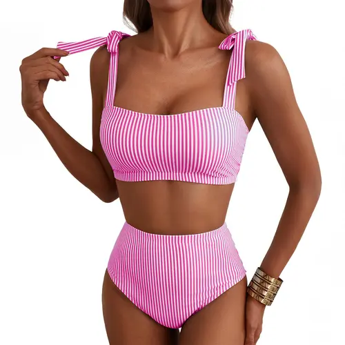 Aleumdr Women's 2-Piece Tie Top High-Waisted Striped Bikini Sets - Quick-Dry Stretchy Fabric, Saltwater Ready, for Beach Parties, Pool Days, SwimWeek Summer Vacation Outfits, Quick‑Dry Fabric