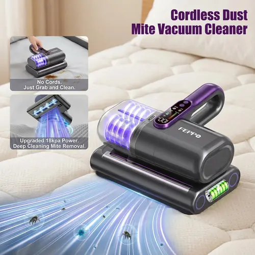 FEPPO Cordless Mattress Vacuum Cleaner, 18Kpa Strong Suction Bed Vacuum 253.7nm UV-C Light, Ultrasonic, Dust Sensor & LED Display, 52800 BPM Handheld Vacuums for Bed, Sofa, Couch, Crib