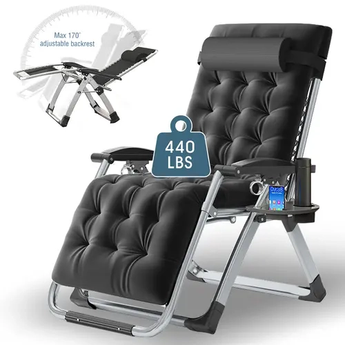 Lilypelle Outdoor Chaise Lounge Sun Lounger - Single Adult Durable Foldable Chair, Ergonomic Zero Gravity Reclining, Heavy Duty Oversized, 170° Adjustable Back, 440 LBS Capacity, Thick Cushion, Cup Holder, Portable for Poolside, Beach