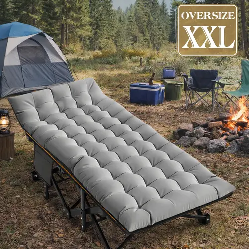 ABORON Heavy Duty Adult Camping Cot - Camping Gear, 800lbs Capacity Steel Square Tube Frame, 75x28x14in XXL Collapsible Guest Bed, Reversible Mat, 3.3 in Pearl Cotton Pad Cradles You, Carry-Bag Ready, Portable for Backyard Use