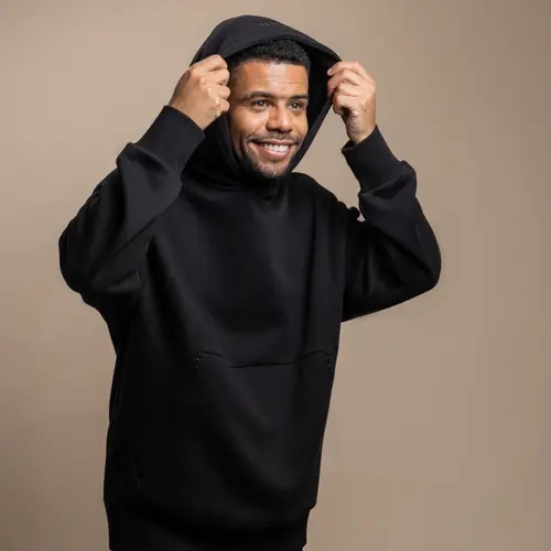 Trtl Men's Casual Long Sleeve Zip Up Travel Hoodie - Noise Reduction Quiet Hood, Poly-Cotton Soft Fit Top, Embroidery Design, Travel-Ready Pockets