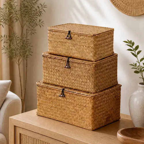 Nonam Hand-woven Natural Seagrass Container Organiser Set - 3 Rectangular Stackable Lidded Bins with Button, Bathroom Interior Organizers, Containers for Organizing, Basket Attachment Storage Bins with Lids, Countertop Home Goods