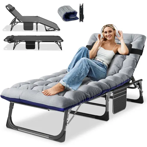 ABORON Sturdy Folding Outdoor Chair - Heavy Duty Oxford Fabric Patio Furniture with 5-Position Adjustable Back, Padded Mattress, Removable Pillow, Small Item Pocket, 75.2x26.8x11.8 in, 1-Year Guarantee, Portable Adjustable Loungers for Adults