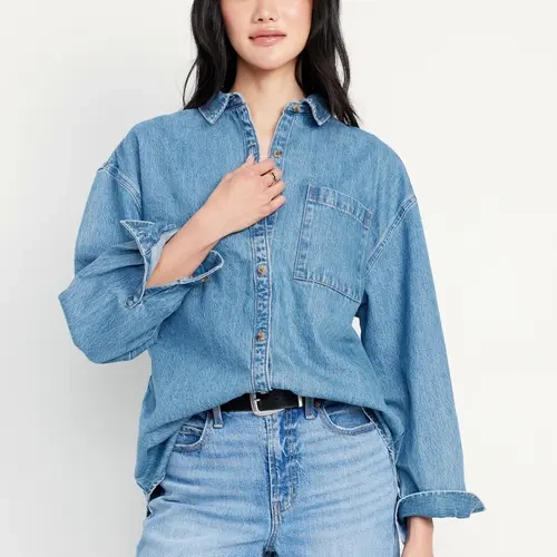 Old Navy Women's Oversized Boyfriend Button-Down Jean Shirt