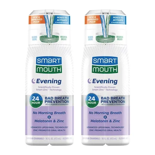 SmartMouth Advanced Liposomal Evening Mouthwash - No Morning Breath - Melatonin & Zinc - Dual-Solution Zinc-Activated Nighttime Mouthwash - Lavender & Chamomile - Alcohol Free - 16 fl oz, 2-Pack
