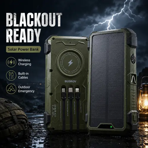 SUDROV Ultimate Solar Power Bank, 15W Fast Charging Portable Charger with 4 Built-in Cables, Wireless Charging, 7 Outputs & Dual Flashlights